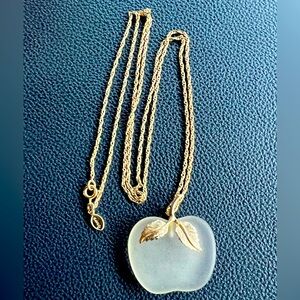 Avon Frosted Glass Apple Pendant, gold tone base metal, vintage, signed, 1978